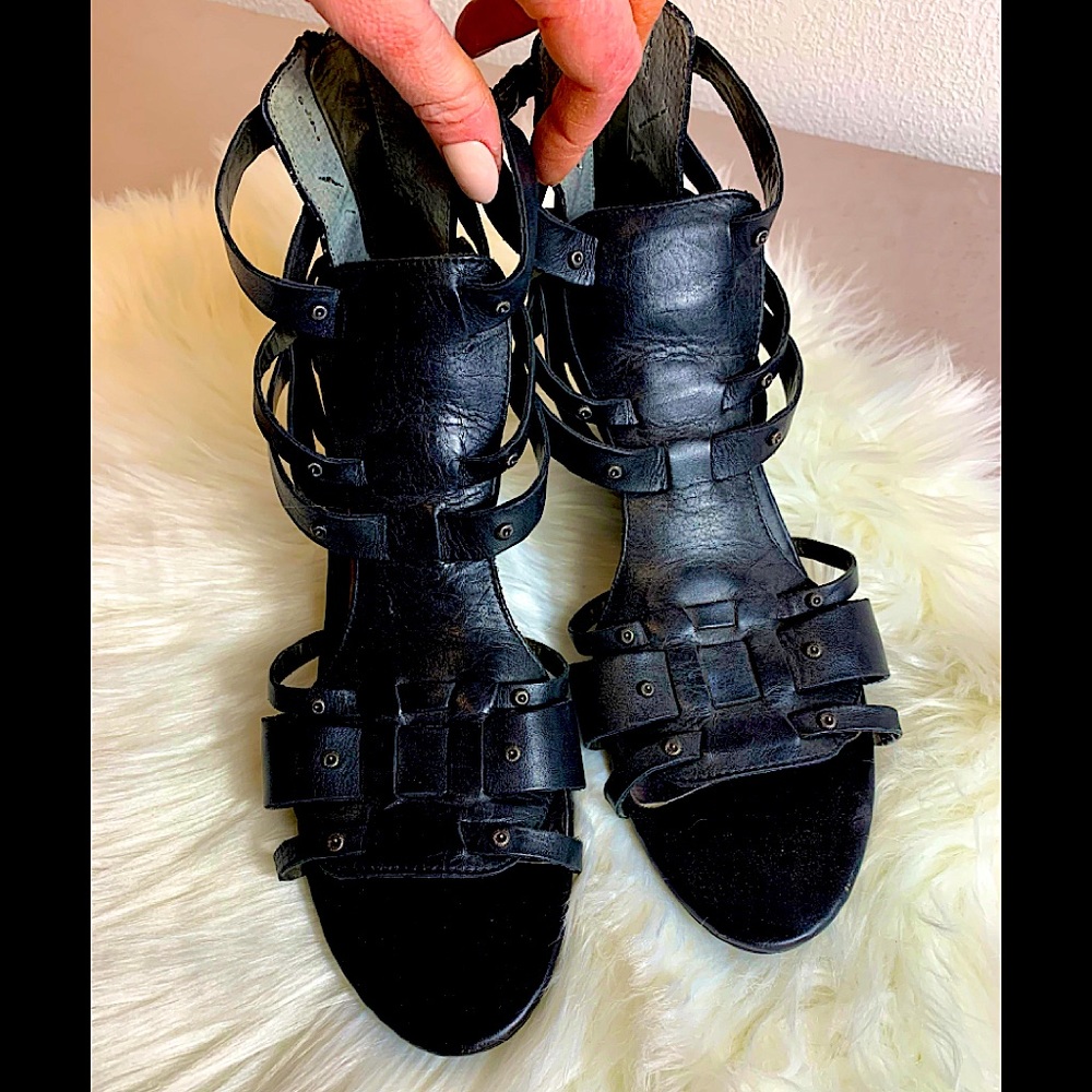Black Leather Wedge Sandals
